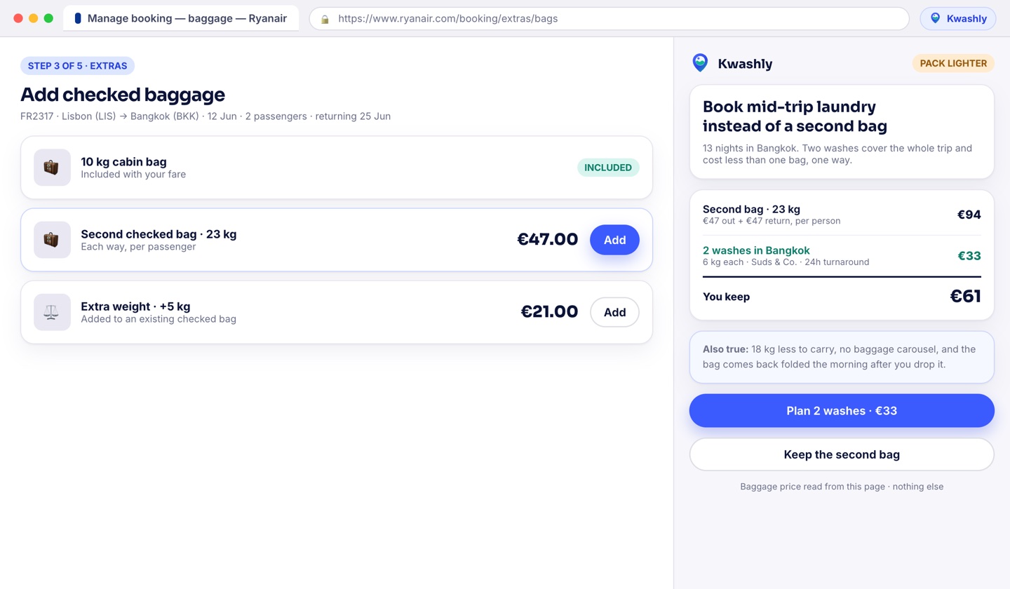 Kwashly panel on an airline baggage page comparing a second checked bag with a mid-trip laundry booking
