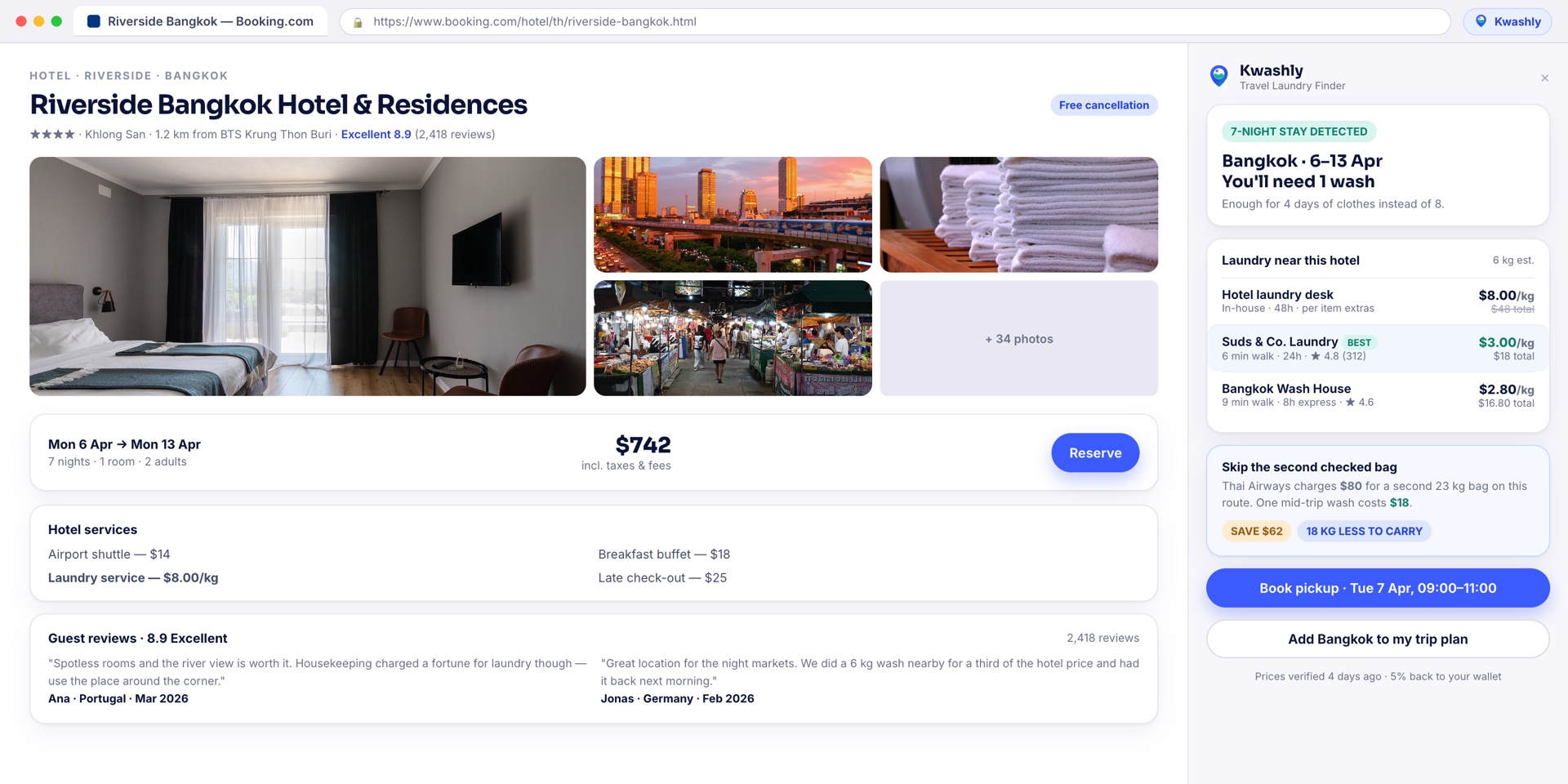 The Kwashly panel open on a Booking.com hotel page, showing a seven-night stay with hotel laundry at $8 per kilo next to three pickup laundries from $3 per kilo