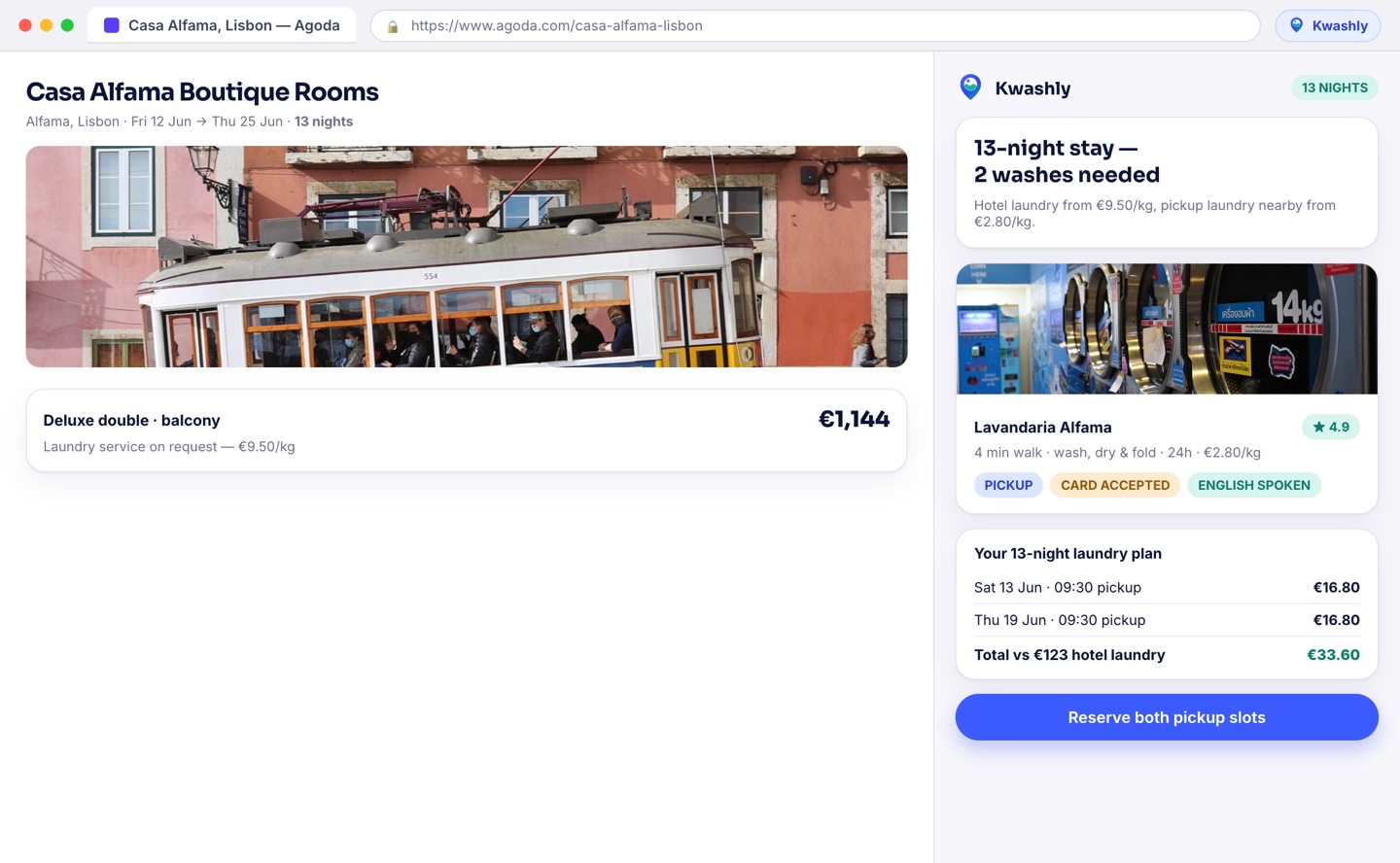 Kwashly panel on a hotel booking page showing hotel laundry at $8 per kilo against pickup laundry at $3 per kilo