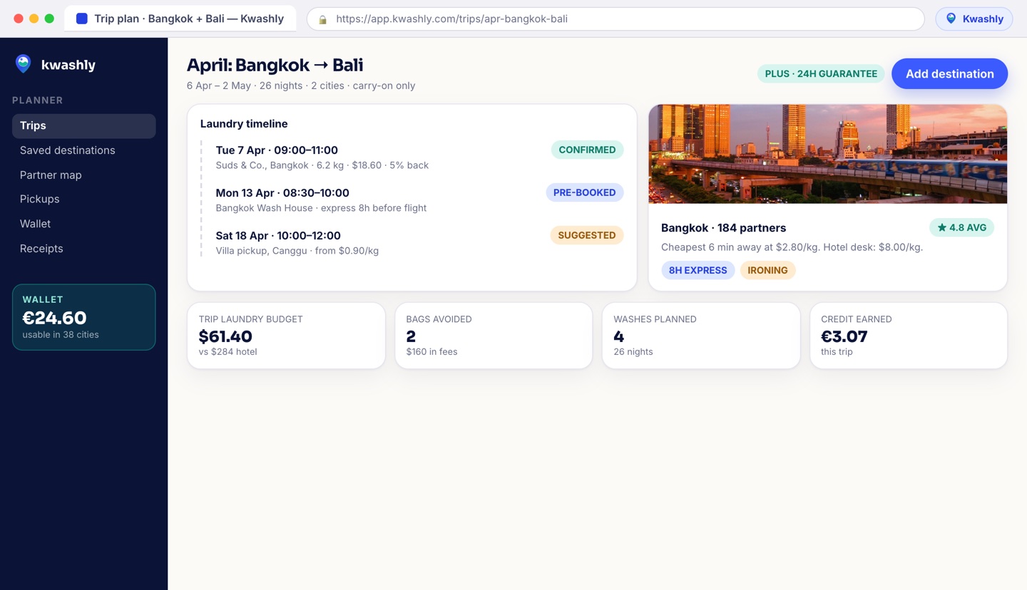 Kwashly trip planner dashboard with saved destinations, a partner map and booked pickup slots